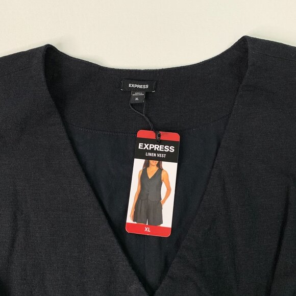 Express Women's Vest XL Classic Fit V-Neck Button Up Linen Vest Black Size XL - Picture 3 of 7